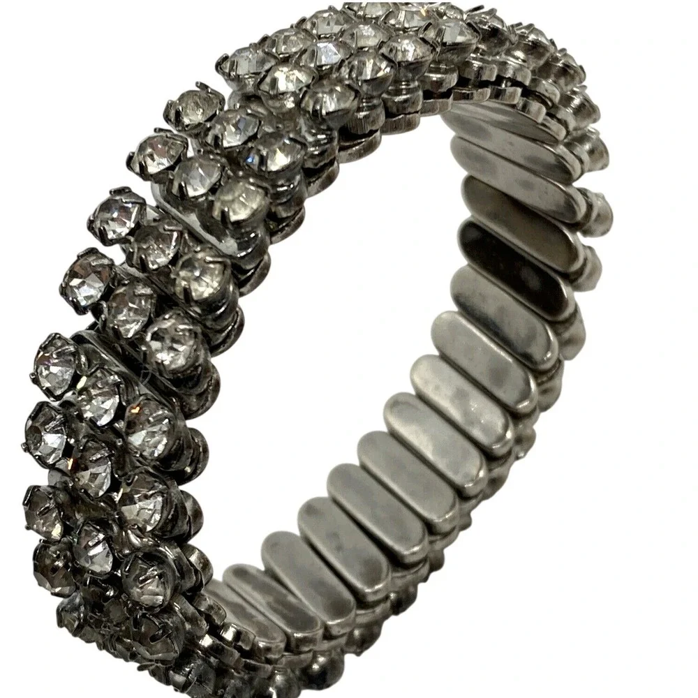 Vintage Clear Rhinestone Accordion Stretch‎ Silver Tone Bracelet 50s 60s Sparkly